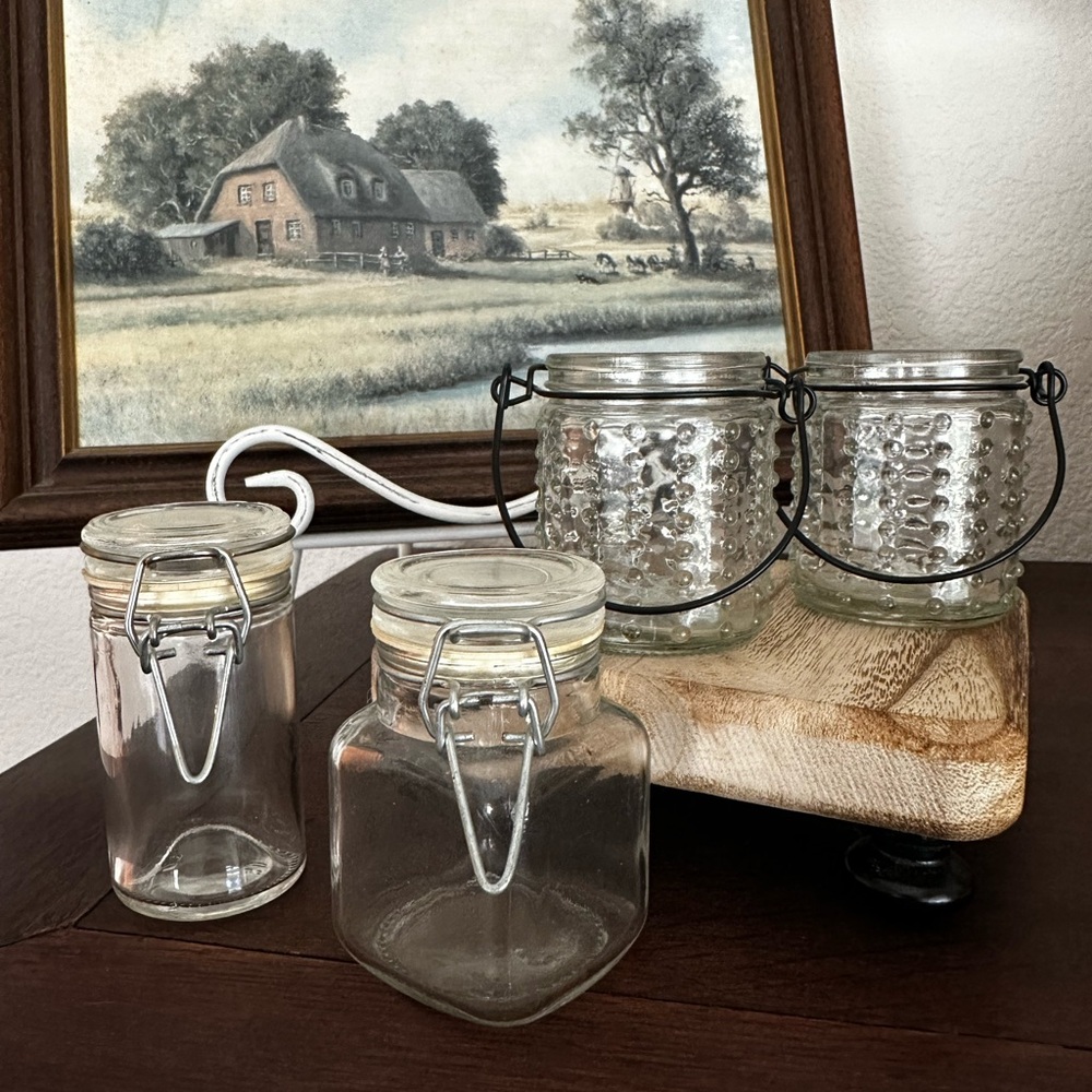 SET of 4 Mini Decor Glass Canisters Jars Hobnail Glass Containers